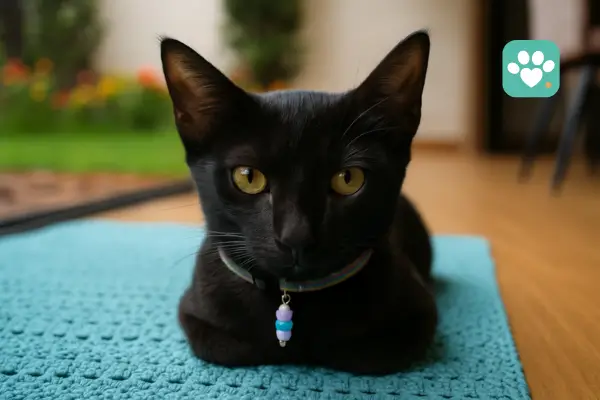 Gato preto filhote deitado em tapete de crochê bege, em ambiente acolhedor, representando convivência afetuosa com pets em casa